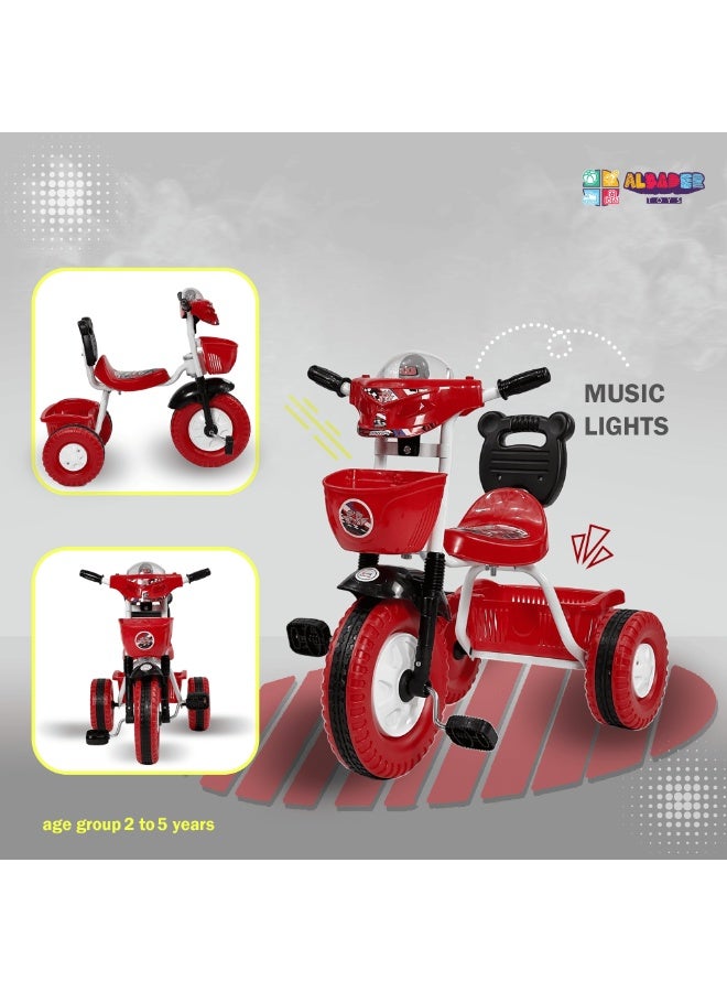 البدر دراجة توازن للأطفال من البدر، دراجة ثلاثية العجلات للأطفال بموسيقى وأضواء مع مقعد واحد وسلة، لون أحمر، لعمر 2-5 سنوات - Image 3